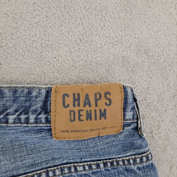 Vtg Y2k Chaps Mens Straight Fit Denim Jeans 36/32 Light Blue Frayed Hem   JCT - Picture 7 of 9